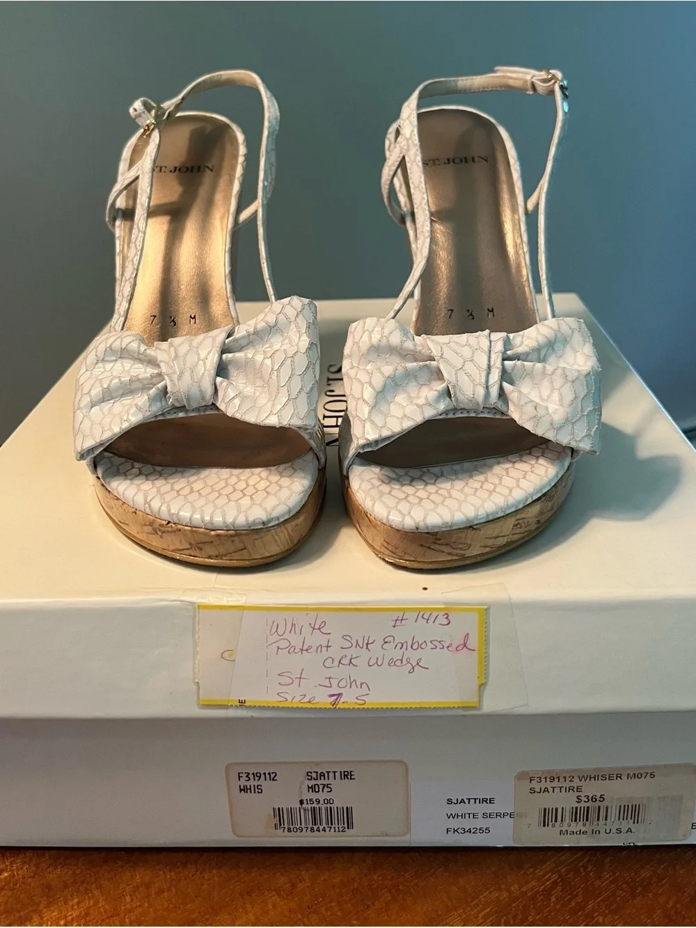 St. John White Textured Bow Wedge Sandals